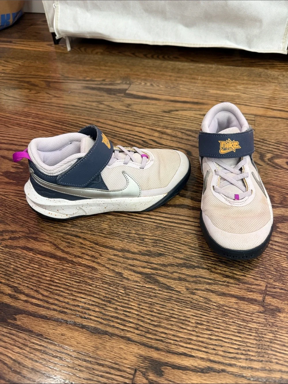 Nike Kids Light Pink and Navy Velcro Sneakers with Silver Swoosh